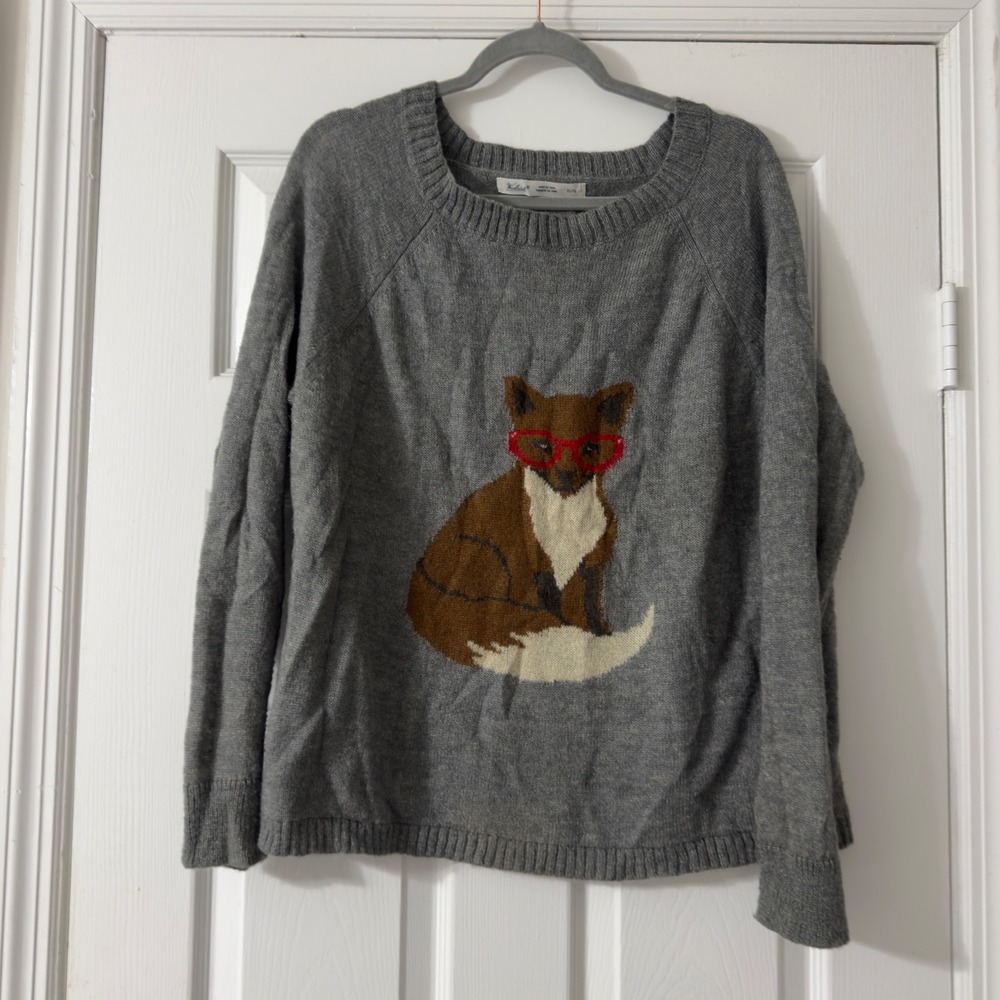 Woolrich Fox Sweater XL Gray Wool Mohair Blend Red Glasses Novelty Knit